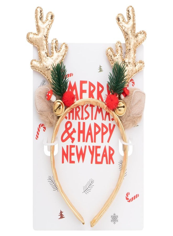 BLAAROOM Christmas Reindeer Antlers Headbands for Women Girls Glitter Elk Antlers Ears Headband with Jingle Bells Christmas Headwear Decorations - Gold - Image 1